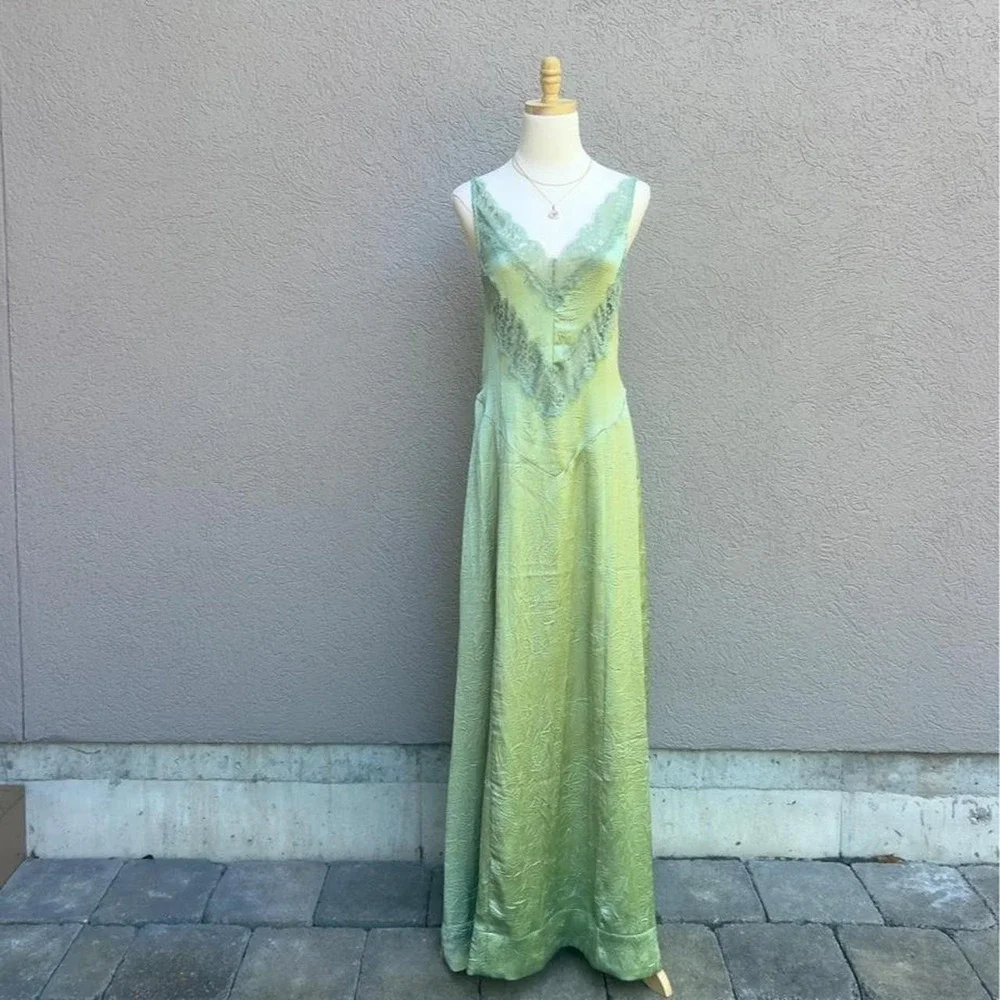 Free People Maybe Forever Soft Moss Green Maxi Slip Dress Size 8 NEW